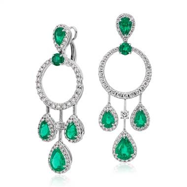 Pear shaped emerald and diamond drop earrings set in 14K white gold at Blue Nile 