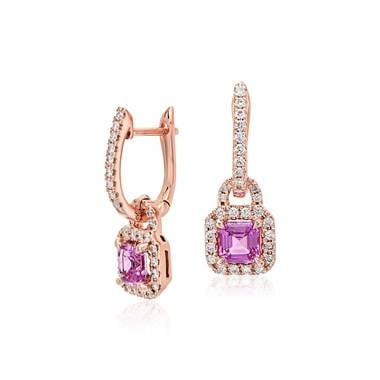 Pink sapphire halo drop earrings in rose gold setting at Blue Nile 