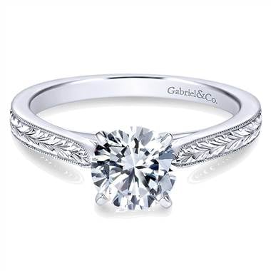 White gold milgrain and hand etched diamond engagement ring at Gabriel & Co.