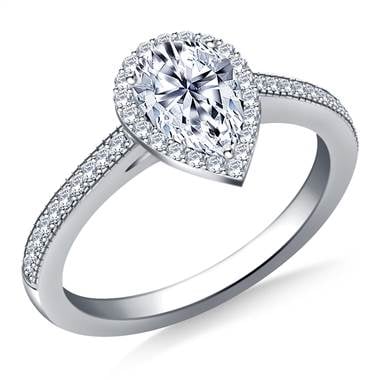 Pear halo diamond engagement ring with milgrain edging at B2C Jewels  