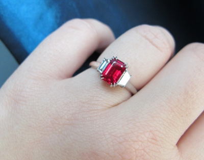 Burmese ruby and diamond three stone ring