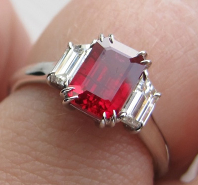 Burma ruby and diamond three stone ring