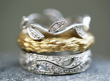 Cathy Waterman platinum leaf rings with 22k gold branch ring