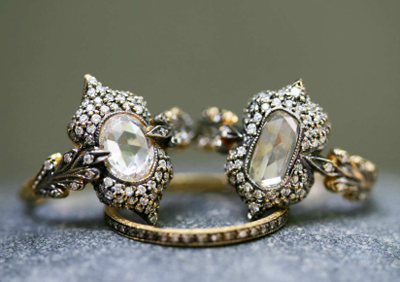 Cathy Waterman rose cut diamond double leaf arabesque rings