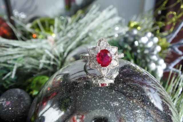 Catmom's Ruby Ring with diamond petals like a halo Catmom's Ruby Ring with diamond petals like a halo