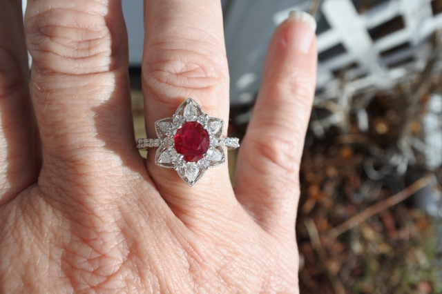 Catmom's Ruby Ring with diamond Petals like a halo Catmom's Ruby Ring with diamond Petals like a halo