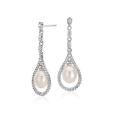 Vintage-inspired freshwater cultured pearl and white topaz drop earrings set in sterling silver 