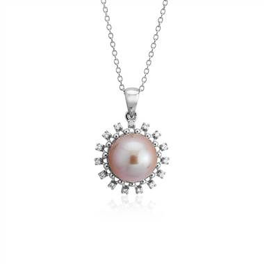 Pink freshwater cultured pearl and diamond pendant at Blue Nile 