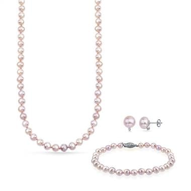 Freshwater pink pearl jewelry set earrings bracelet necklace with sterling silver at B2C Jewels   