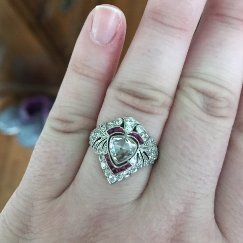 ihuy138's Edwardian Diamond and Ruby Platinum Dinner Ring Hand Shot