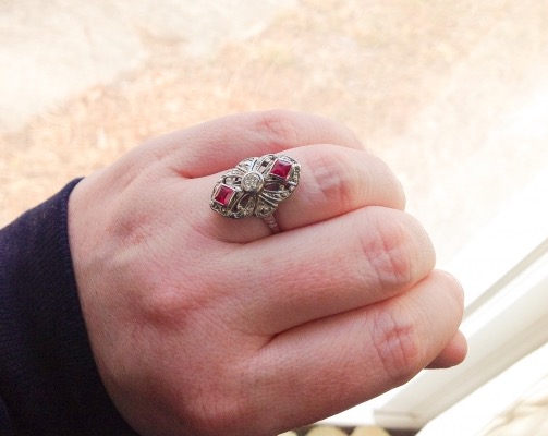 Elliot86 Ruby and Diamond Art Deco Ring hand shot Elliot86 Ruby and Diamond Art Deco Ring hand shot