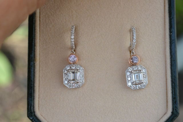 Emerald cut and pink diamond earrings shared by Catmom