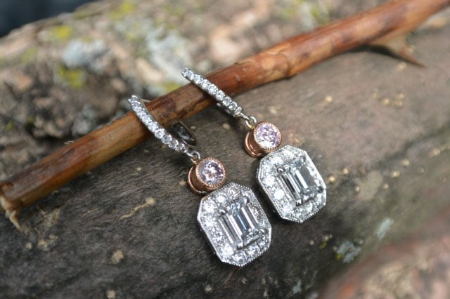 Emerald cut and pink diamond earrings shared by Catmom