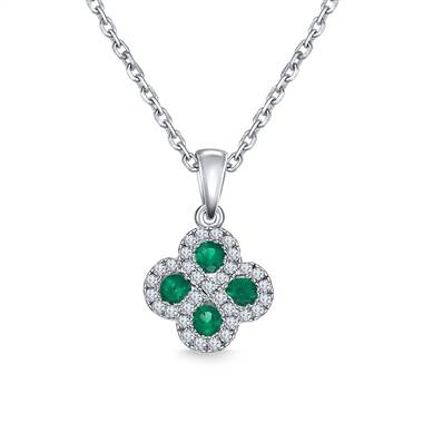 Diamond halo emerald clover pendant necklace set in 14K white gold at B2C Jewels  