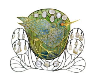 Enamel, pearl, and moonstone marsh bird brooch by Charles Robert Ashbee