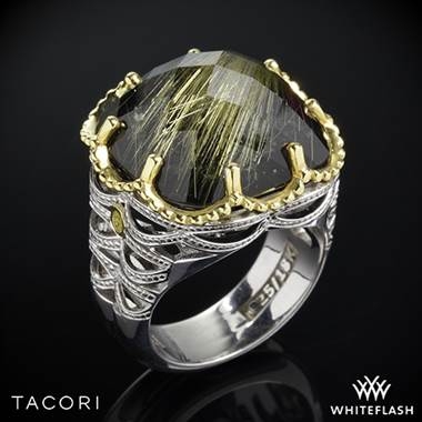 Black lightning rutilated quartz over black onyx ring set in sterling silver with 18K yellow gold accents at Whiteflash