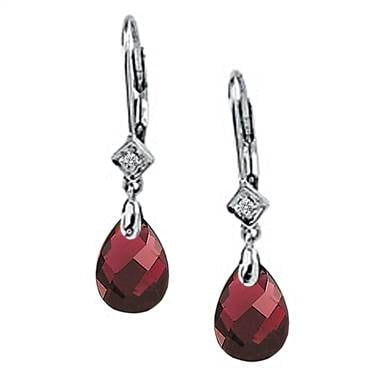 Genuine briolette garnet and diamond earrings set in 14K white gold at B2C Jewels 