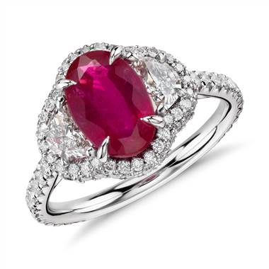 Ruby and half moon diamond halo ring set in platinum at Blue Nile 