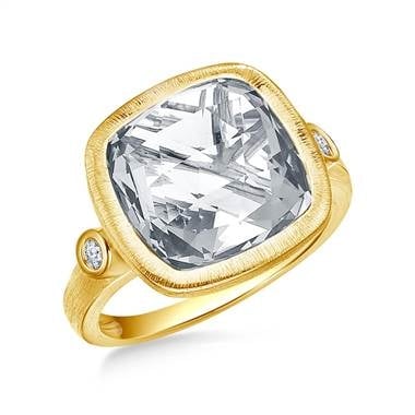 White topaz cushion cut gemstone and diamond bezel ring set in 14K yellow gold at B2C Jewels  