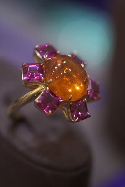 Goshwara Spessartite garnet cabochon and rubellite tourmaline ring