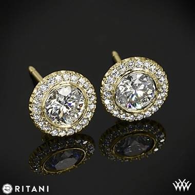 Ritani bella vito halo diamond earrings set in 18K yellow gold at Whiteflash 