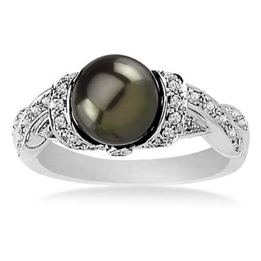 White gold elegant freshwater cultured black pearl ring with diamonds set in 14K white gold at B2C Jewels