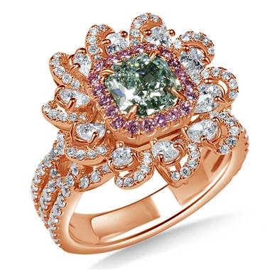 Fancy light bluish green radiant cut diamond floral ring set in 18K rose gold at B2C Jewels 