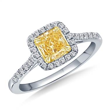 Fancy yellow cushion cut halo ring set in 14K two-tone gold at B2C Jewels 