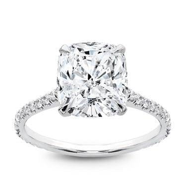 Studio cushion cut petite French pave crown diamond engagement ring set in platinum at Blue Nile  