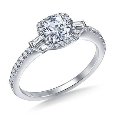 Petite cushion halo side fancy cut diamond engagement ring set in platinum at B2C Jewels   