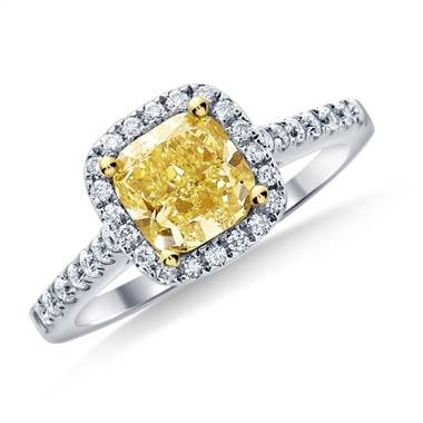 Fancy light yellow canary cushion cut diamond halo ring set in 14K white gold at B2C Jewels   