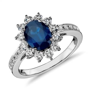 Follow her style: Oval sapphire and diamond ring in 18K white gold at Blue Nile 