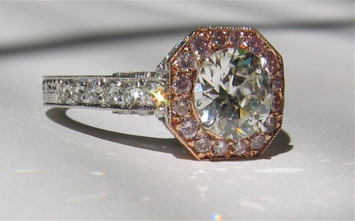 Pink diamond halo engagement ring