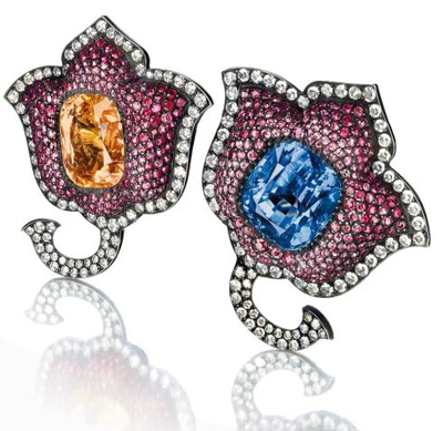 A pair of sapphire, ruby, and diamond Moghul tulip ear clips by JAR