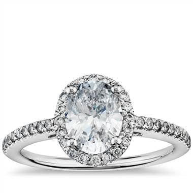 Oval halo diamond engagement ring set in 14K white gold at Blue Nile  