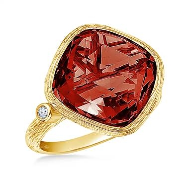 Garnet cushion cut gemstone and diamond bezel ring set in 14K yellow gold at B2C Jewels  