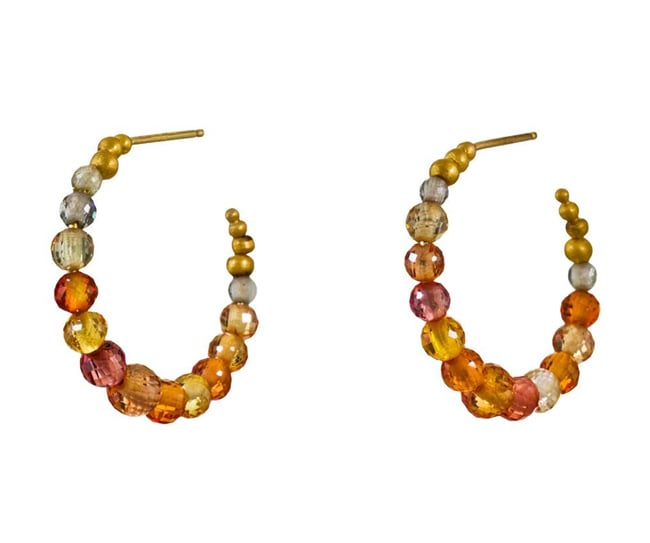 Crescent Moon Hoops with multi-toned and faceted sapphire beads by Mallary Marks