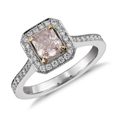 Radiant cut fancy light pink diamond halo ring in platinum at Blue Nile 