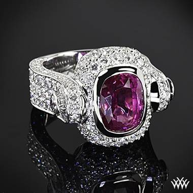 Antique cushion pink sapphire set in platinum “pizzazz” sapphire and diamond right hand ring at Whiteflash