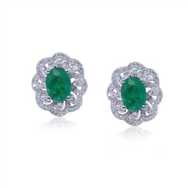 Floral design emerald and diamond earring set in 18K white gold at I.D. Jewelry 