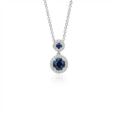 Isloa sapphire and diamond halo pendant set in 14K white gold at Blue Nile 