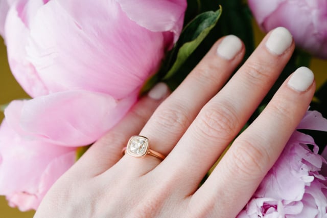 Rose gold bezel ring with 'August Vintage' Cushion diamond • Image by DorotheaBrooke
