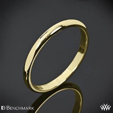 Top: Two millimeter benchmark half round wedding band set in 14K yellow gold at Whiteflash 