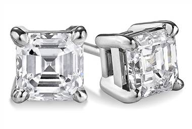 Asscher four-prong basket diamond stud earrings set in platinum at Ritani