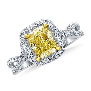 Fancy light yellow canary cushion cut diamond crossover twist ring in 18k white gold at B2C Jewels  