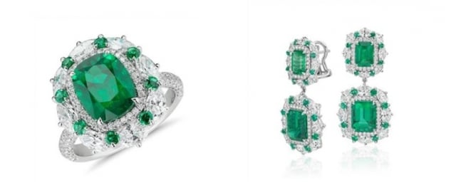 Left: Emerald and diamond cocktail ring set in 18K white gold at Blue Nile 