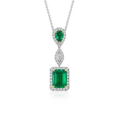 Emerald and diamond drop pendant set in 18K white gold at Blue Nile  