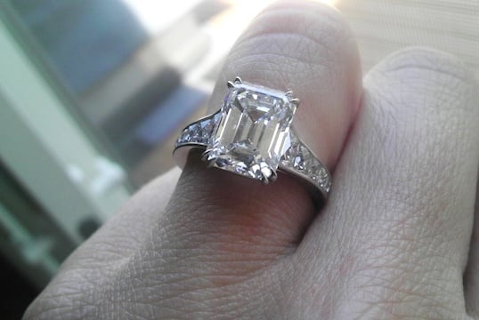 3.77-carat emerald-cut diamond ring with French-cut side stones