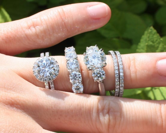 Halo Diamond Ring, Three-Stone Ring, Five-Stone Ring, and Pavé Diamond Eternity Bands