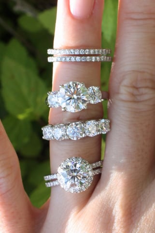 Halo Diamond Ring, Three-Stone Ring, Five-Stone Ring, and Pavé Diamond Eternity Bands